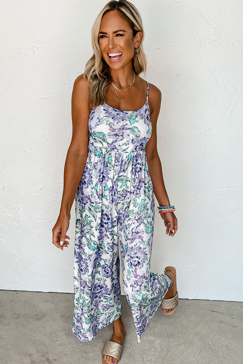 Mono de verano de cintura alta y pierna ancha para mujer, mono floral con tirantes y espalda descubierta para mujer