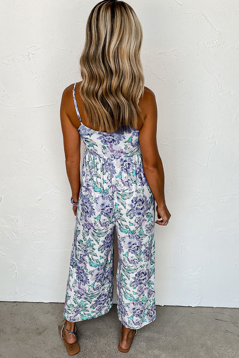 Mono de verano de cintura alta y pierna ancha para mujer, mono floral con tirantes y espalda descubierta para mujer