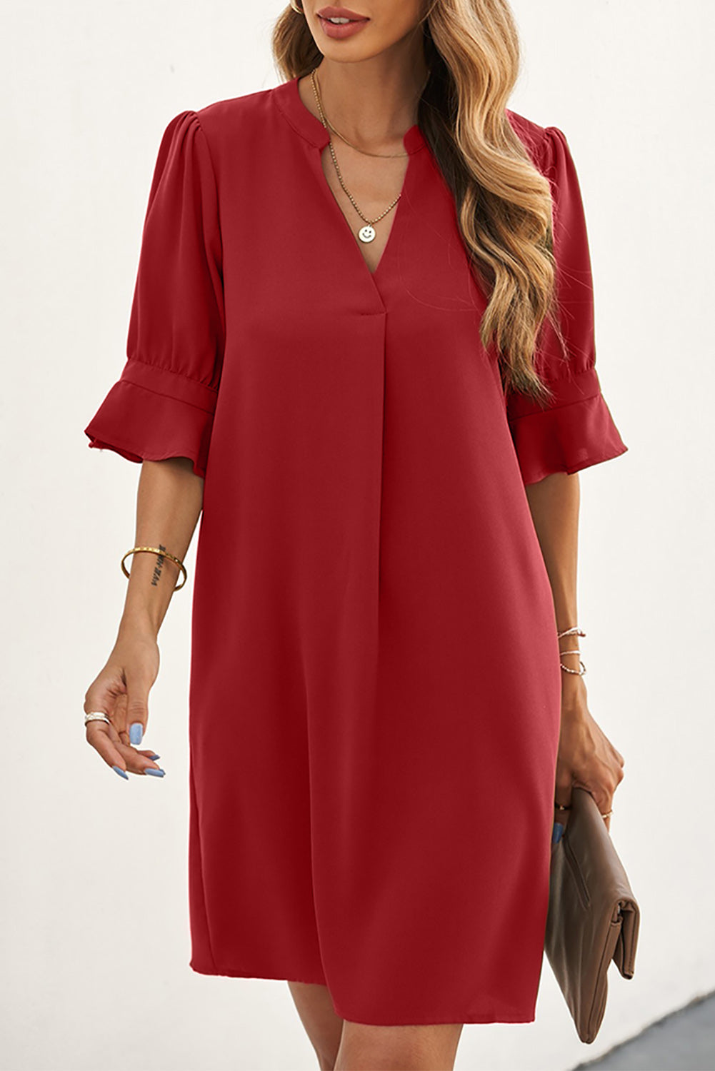 Vestido camisero de color liso para mujer, primavera verano, color liso, sencillo, informal, de seda helada, arrugado.