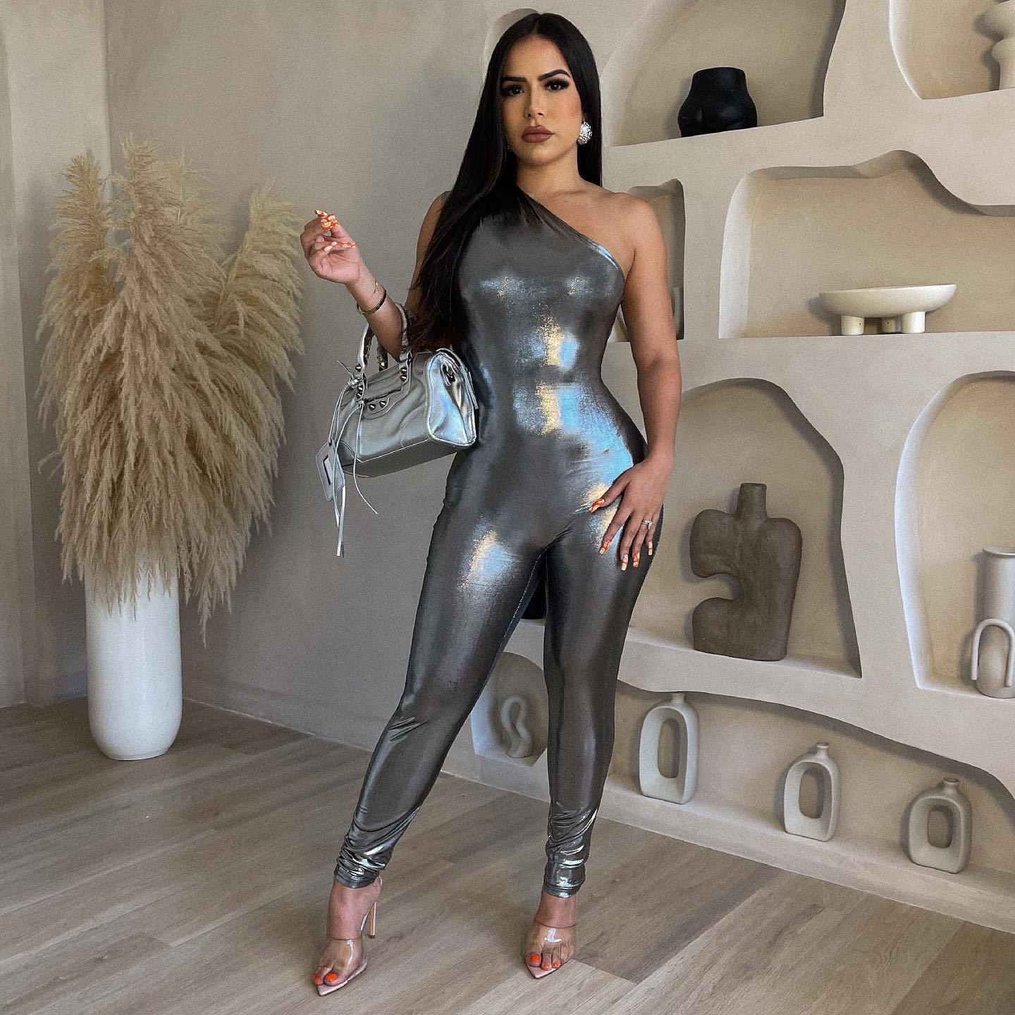 Ropa de mujer Mono metálico sin mangas ajustado sexy mono de verano