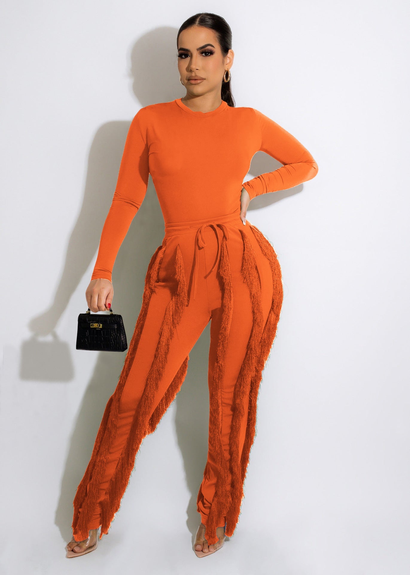 Conjunto de dos piezas formado por mono y pantalón de encaje con borlas para mujer, color liso, deportivo, para otoño e invierno