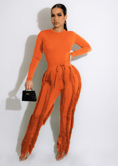 Conjunto de dos piezas formado por mono y pantalón de encaje con borlas para mujer, color liso, deportivo, para otoño e invierno