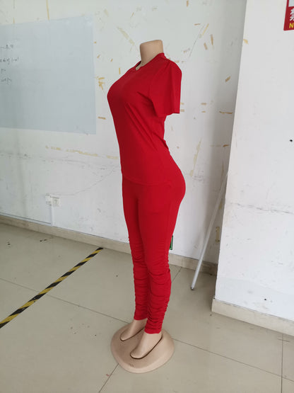 Conjunto de dos piezas de camiseta y pantalón corto fruncido para mujer, color liso, ajustado, para verano