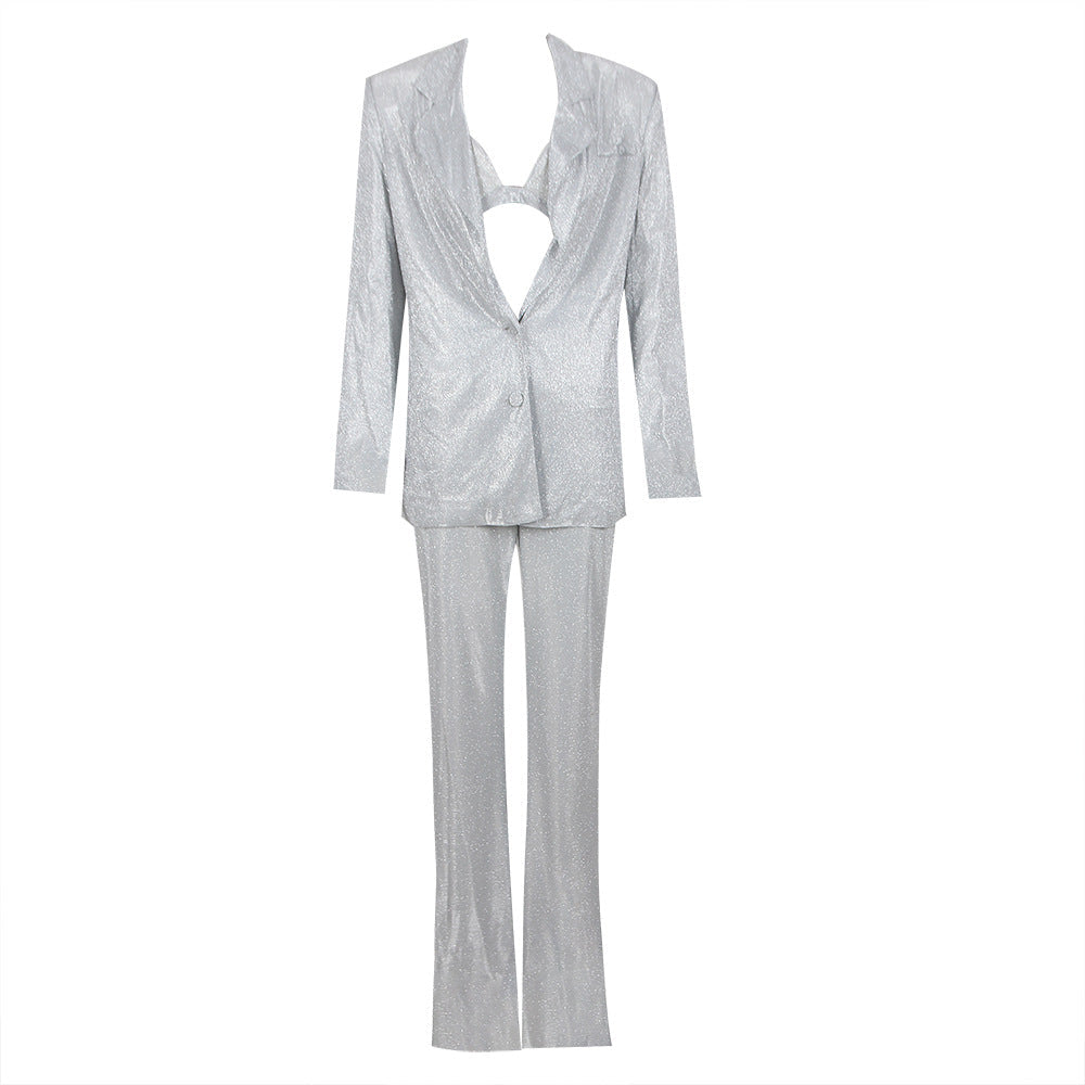 Traje de oficina de verano con polvos brillantes, traje largo y sexy de tres piezas.