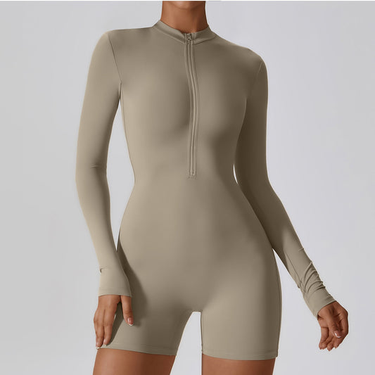 Mono deportivo de una pieza con cuello abierto, manga larga y cremallera, para baile, fitness, sexy y ajustado, para yoga y para mujer