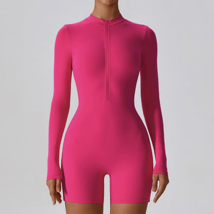 Mono deportivo de una pieza con cuello abierto, manga larga y cremallera, para baile, fitness, sexy y ajustado, para yoga y para mujer