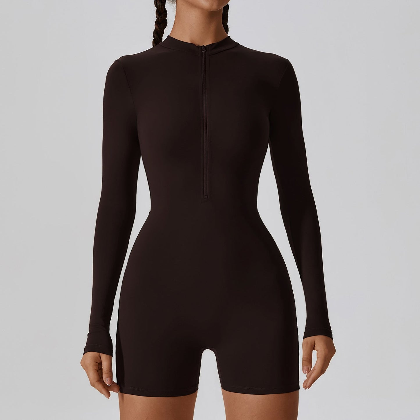 Mono deportivo de una pieza con cuello abierto, manga larga y cremallera, para baile, fitness, sexy y ajustado, para yoga y para mujer