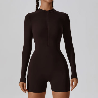 Mono deportivo de una pieza con cuello abierto, manga larga y cremallera, para baile, fitness, sexy y ajustado, para yoga y para mujer