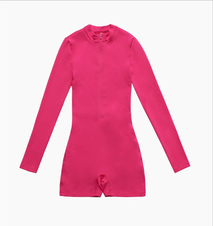 Mono deportivo de una pieza con cuello abierto, manga larga y cremallera, para baile, fitness, sexy y ajustado, para yoga y para mujer