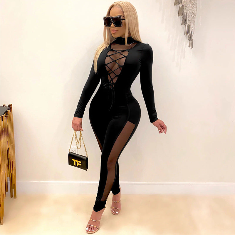 Mono sexy de manga larga con encaje y costuras transparentes para mujer