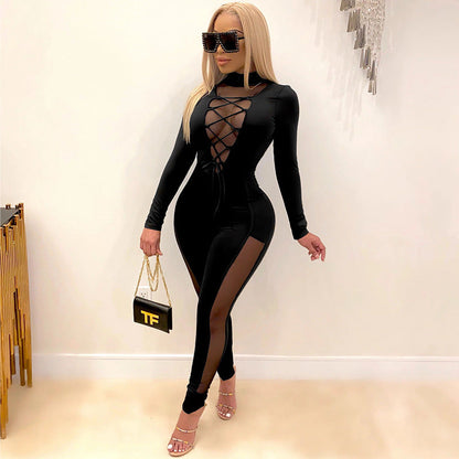Mono sexy de manga larga con encaje y costuras transparentes para mujer