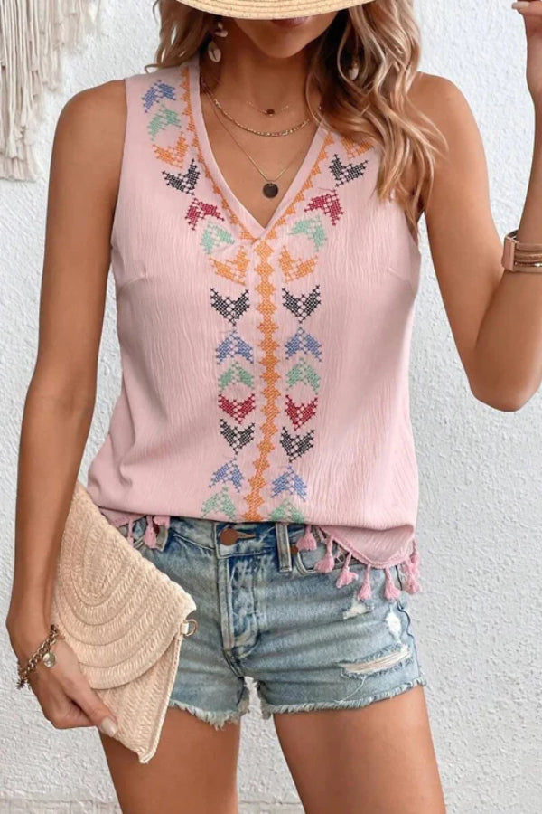 TOP SIN MANGAS CON BORLAS BORDADAS JUST BE YOU BOHO - 4 COLORES 
