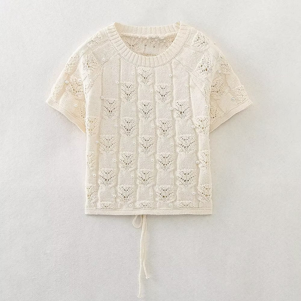Conjunto de falda y top de punto con perlas artificiales para mujer