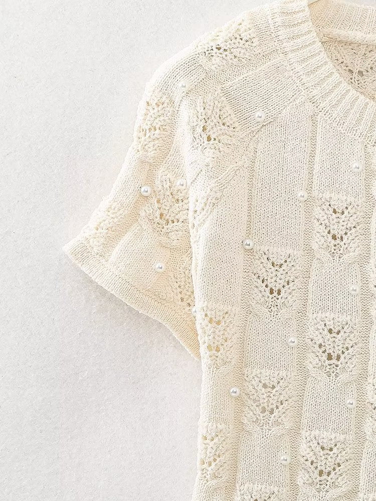 Conjunto de falda y top de punto con perlas artificiales para mujer