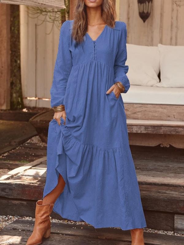 Vestido informal retro de manga larga con botones de algodón y lino para mujer, vestido holgado de otoño e invierno, multicolor