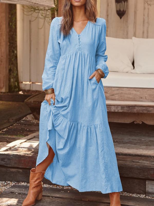 Vestido informal retro de manga larga con botones de algodón y lino para mujer, vestido holgado de otoño e invierno, multicolor