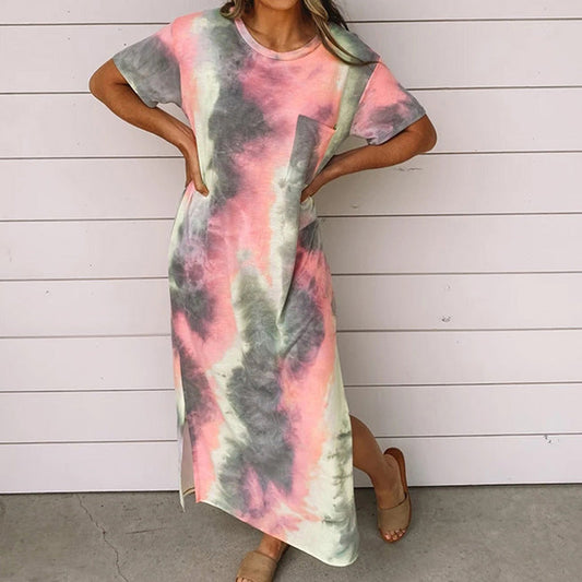 New Women Tie Dye Printed Split Dress Long Dress