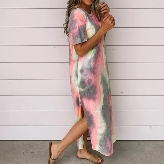 New Women Tie Dye Printed Split Dress Long Dress