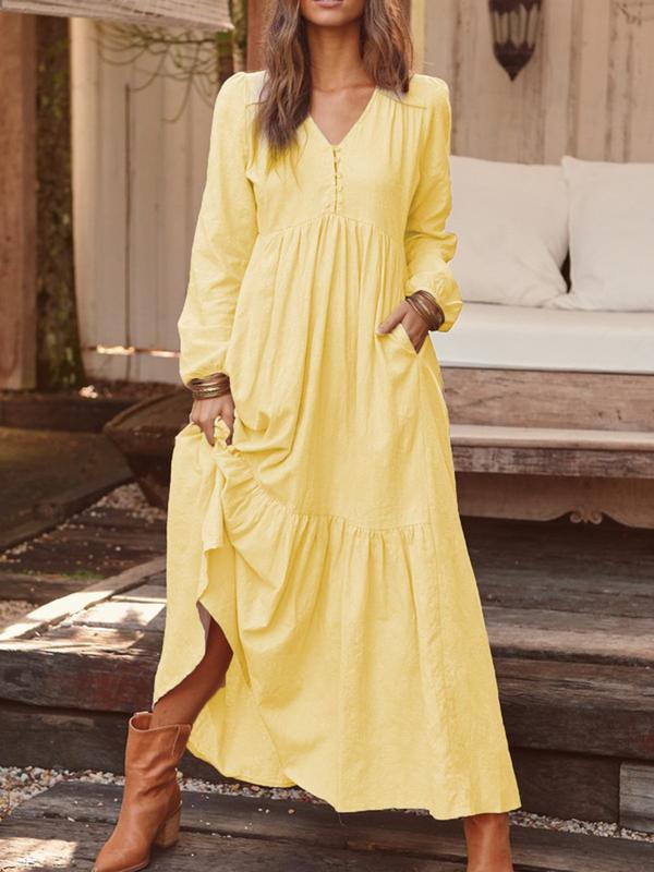 Vestido informal retro de manga larga con botones de algodón y lino para mujer, vestido holgado de otoño e invierno, multicolor