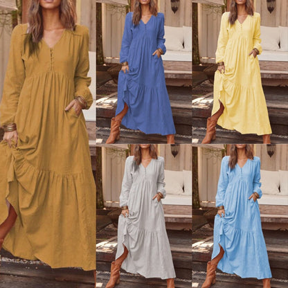 Vestido informal retro de manga larga con botones de algodón y lino para mujer, vestido holgado de otoño e invierno, multicolor