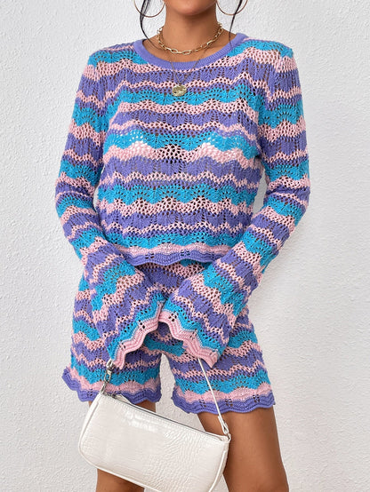 Conjunto de dos piezas Otoño Invierno Costura Prendas de punto Suéter de rayas de cuello redondo de color suelto para mujer