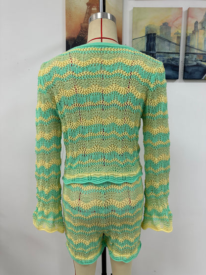 Conjunto de dos piezas Otoño Invierno Costura Prendas de punto Suéter de rayas de cuello redondo de color suelto para mujer
