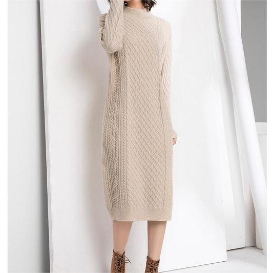 Suéter de cuello alto medio para mujer, vestido de punto, largo medio, suelto, por encima de la rodilla, base gruesa, sin aberturas, de lana, para otoño e invierno.