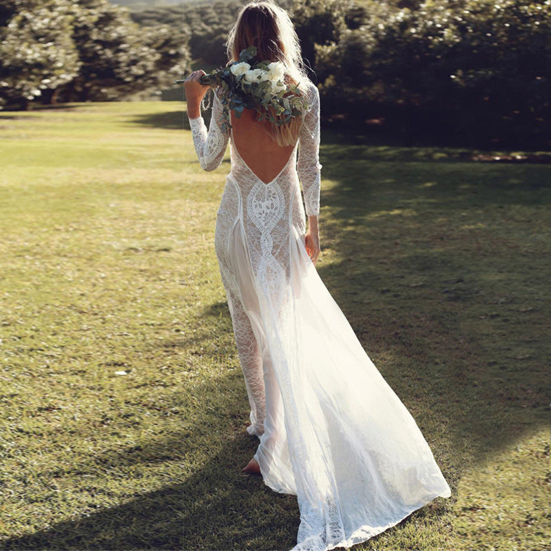 Vestido de otoño para mujer, manga larga, encaje, sexy, sin espalda, vestido de novia formal
