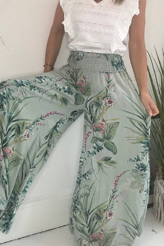 Pantalones palazzo de pierna ancha con cintura fruncida y estampado botánico de jardín de verano
