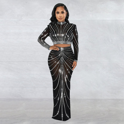 Conjunto de dos piezas de vestido de manga larga transparente con perforaciones de malla para mujer
