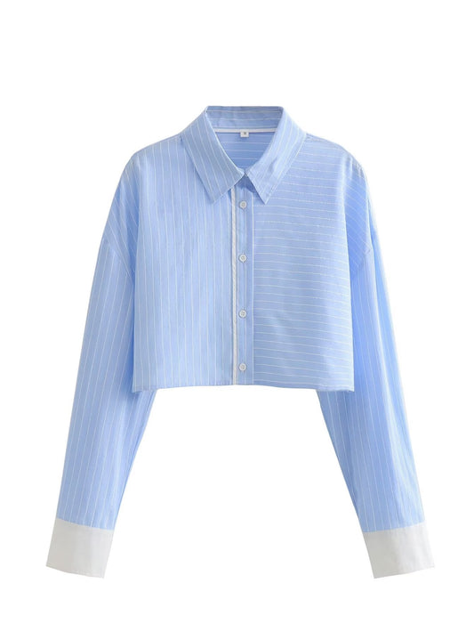 Ropa de mujer Camisa corta de popelina a rayas francesas Pantalones cortos de color en contraste
