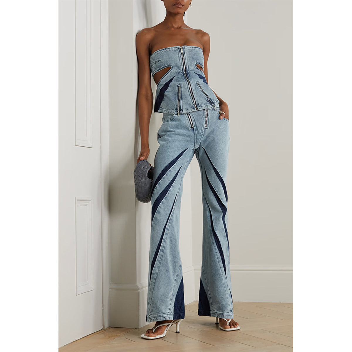 Conjunto de dos piezas de mezclilla para mujer, con top de tubo y parches en contraste de colores, abertura tridimensional, doble cremallera, costuras elásticas y lavados.