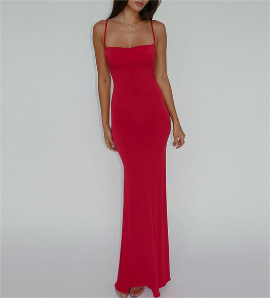 Vestido de primavera y verano para mujer, sexy, ajustado, sin espalda, con tirantes y color liso.