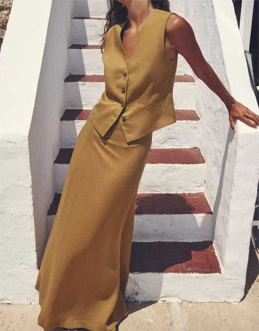 Conjunto de falda midi informal con escote en V y una hilera de botones para mujer