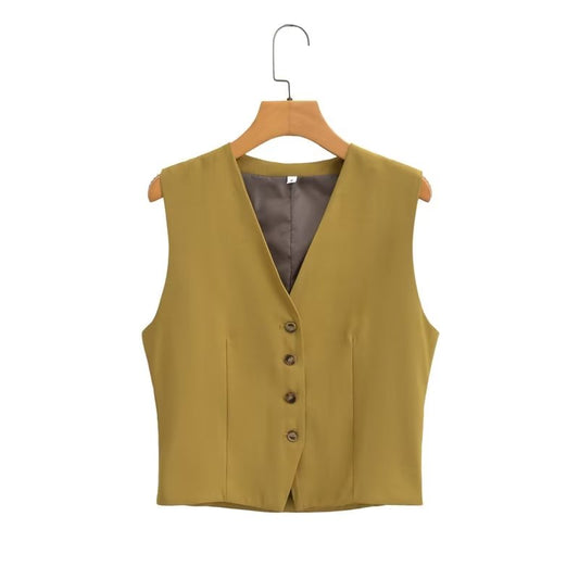 Conjunto de falda midi informal con escote en V y una hilera de botones para mujer
