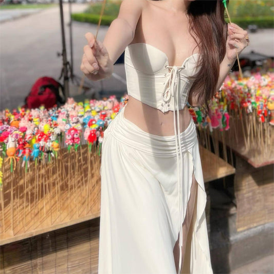 Conjunto de falda con abertura y cintura baja plisada con chaleco de encaje y pecho cruzado sexy de verano