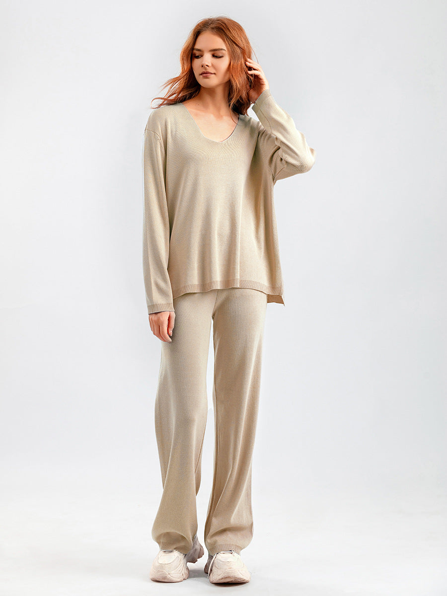 Traje de seda helada con cuello en V de color liso para primavera y otoño, suéter informal de dos piezas con cintura alta y holgado