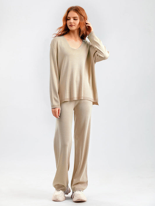 Traje de seda helada con cuello en V de color liso para primavera y otoño, suéter informal de dos piezas con cintura alta y holgado