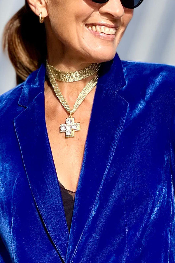 Blazer de solapa de terciopelo azul dorado