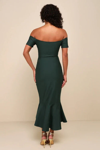 How Much I Care Dark Green Off-the-Shoulder Midi Dress