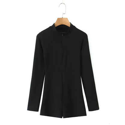 Mono corto ajustado de manga larga con cremallera y pantalones cortos de verano para mujer