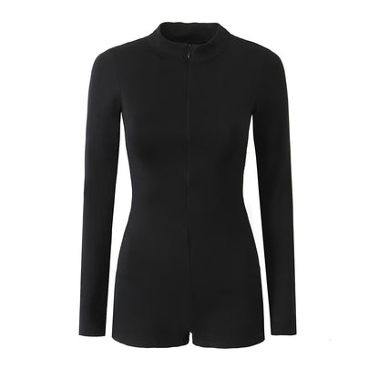 Mono corto ajustado de manga larga con cremallera y pantalones cortos de verano para mujer