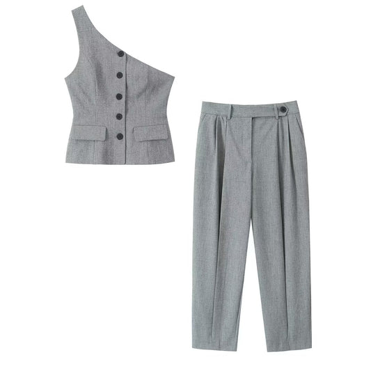 Ropa de otoño para mujer, chaleco asimétrico, diseño plisado, trajes de pantalón ajustado.