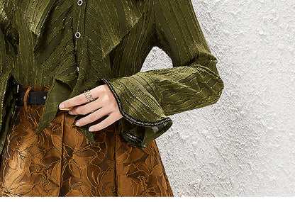 Traje de otoño vintage ligero de lujo estilo francés para mujer, conjunto de dos piezas con camisa y falda con volantes