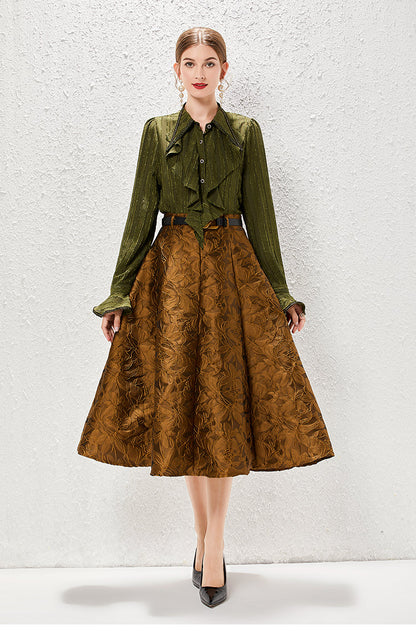 Traje de otoño vintage ligero de lujo estilo francés para mujer, conjunto de dos piezas con camisa y falda con volantes