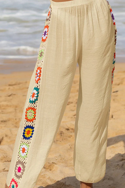 Pantalones Dimarco de lino, mezcla de colores, con flores de crochet y patchwork, cintura elástica y pierna ancha 