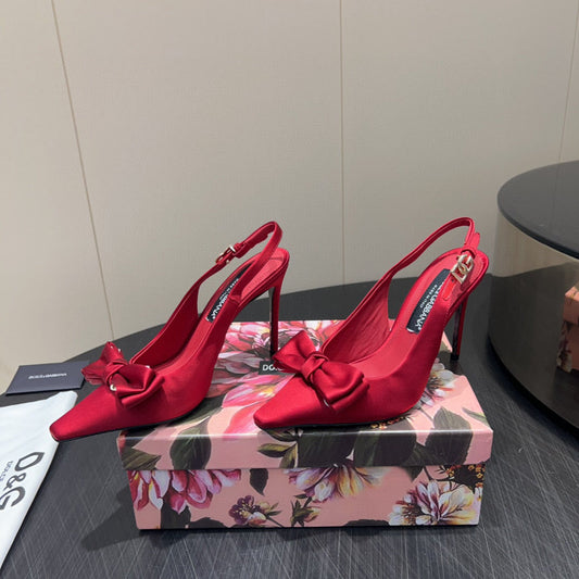 DG Bow Slingbacks 10cm High Heel Red Silk