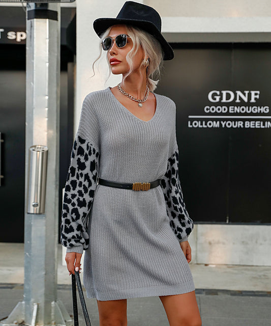 Women Clothing Autumn Winter Color Blocking Leopard Print Woolen Dresses