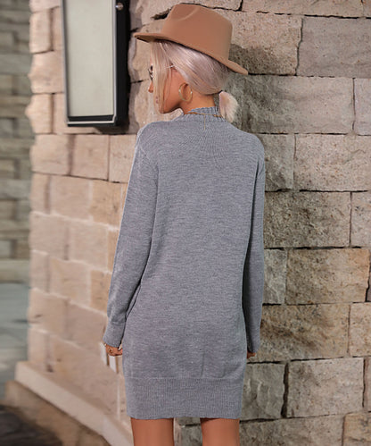 Vestidos de lana de color liso con cuello alto y media manga para mujer, otoño e invierno
