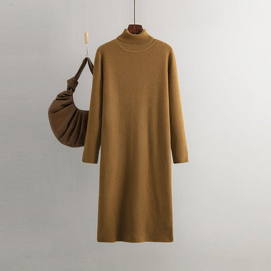 Vestido de punto para mujer, otoño invierno, largo medio, suelto, cuello alto, color liso, base de suéter.